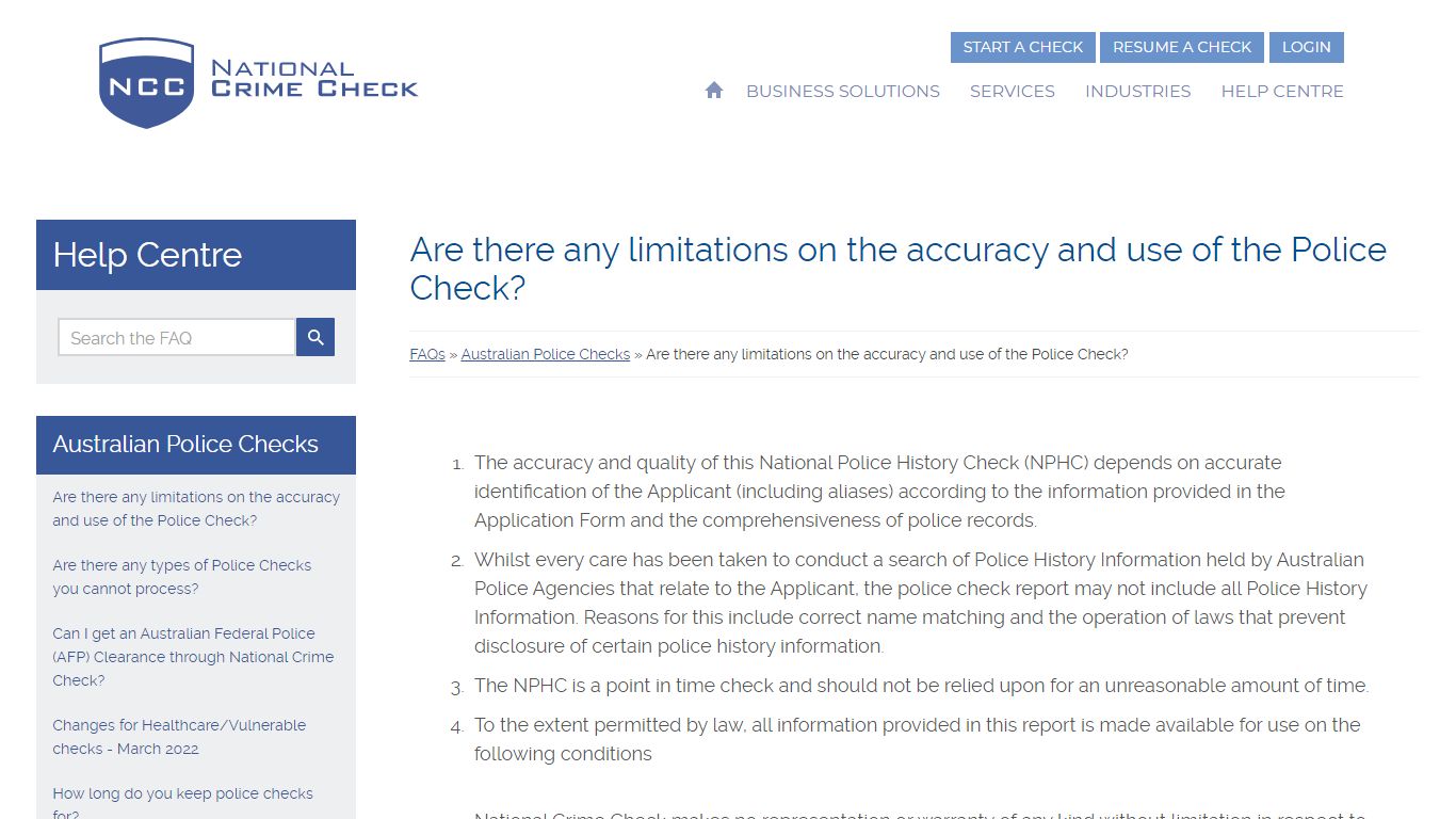Are there any limitations on the accuracy and use of the Police Check ...